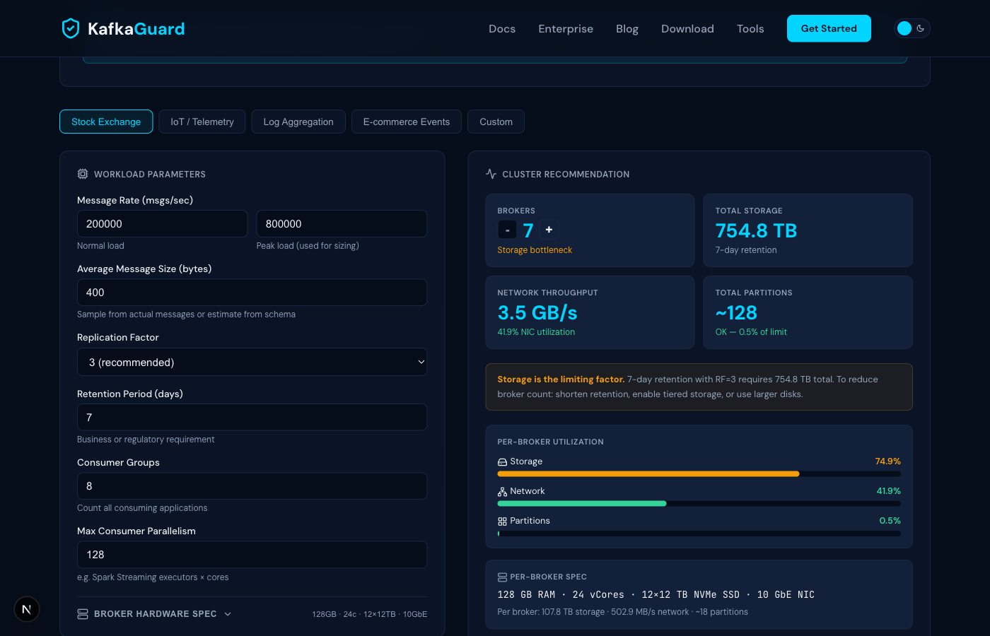 Kafka Capacity Planner — Stock Exchange preset showing 7 brokers needed with storage bottleneck, utilization bars, and per-broker hardware spec
