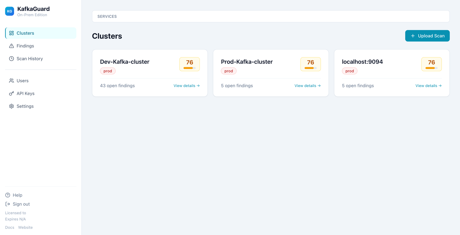 KafkaGuard On-Prem compliance dashboard showing cluster overview